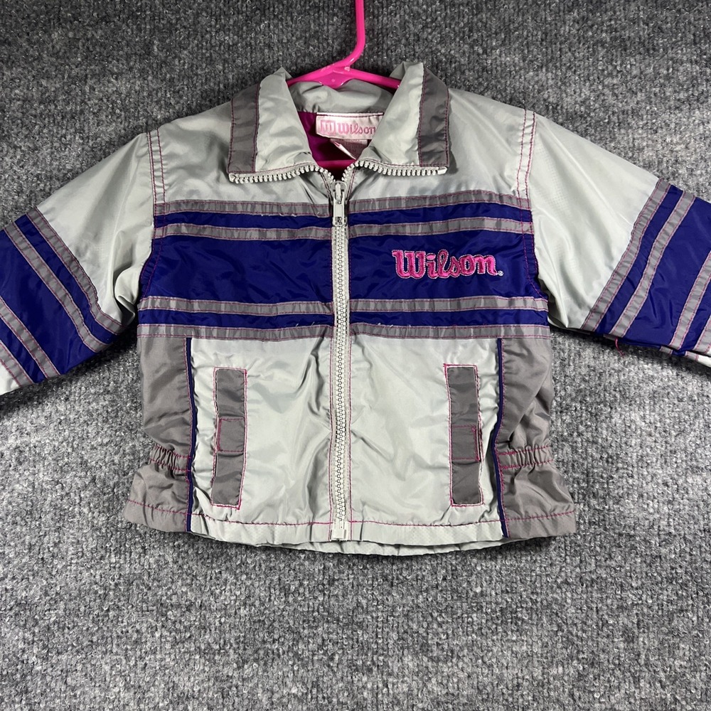 Vintage 90s Wilson Toddler Windbreaker Jacket Full Zip Grey Purple Pink 18M